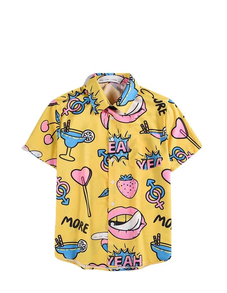 Оптовая продажа, Модная хлопковая Мужская рубашка, желтая рубашка с коротким рукавом и цифровым принтом, повседневные мужские футболки, рубашки