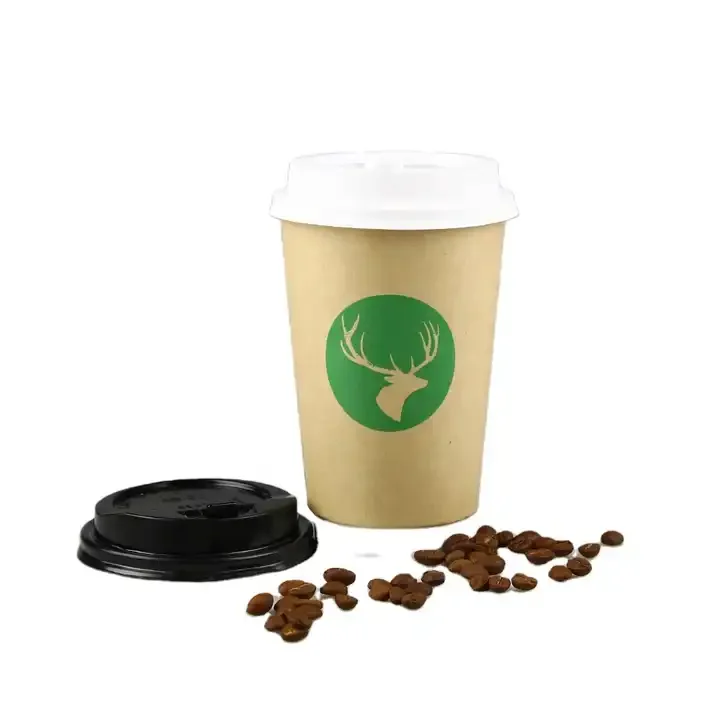 Custom printed logo disposable recycle double ripple wall hot stamping coffee paper cups with lid food grade paper