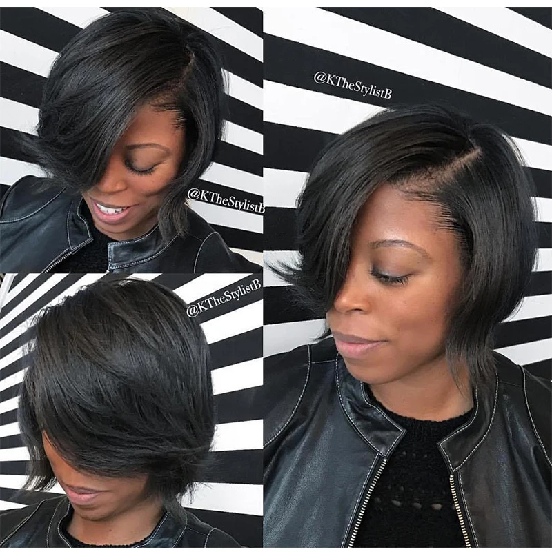 Peruvian cuticle aligned hair T side part 13x4x1 T side part full hd lace front human hair machine made short bob wigs