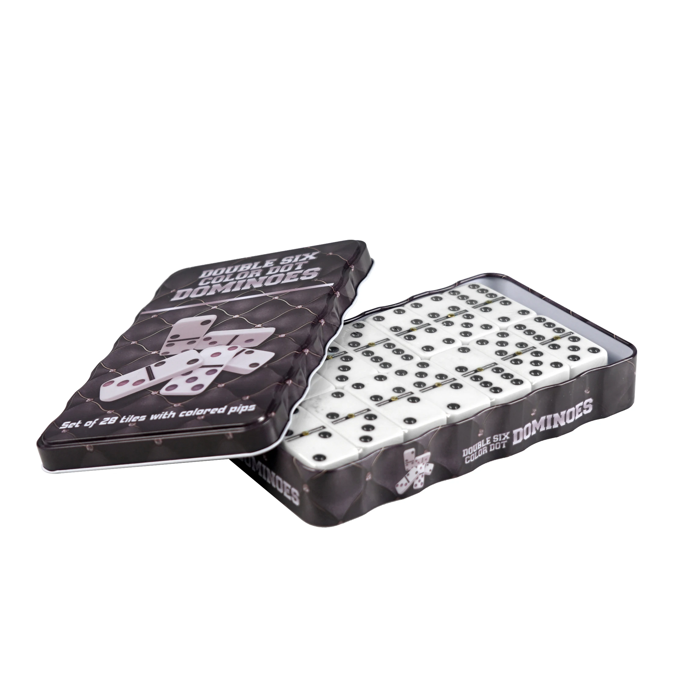 Black and White Two-layered Acrylic Domino Set with Black Dots and Metal Spinner Iron Case Packaging 28pcs Dominoes Block