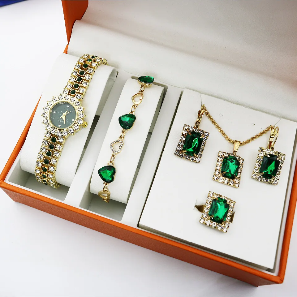 YuSa710 Women Watches Green Face Rhinestone Quartz Watch Sparkling Analog Wrist Watch & 5pcs Jewelry Set Bracelet Necklace