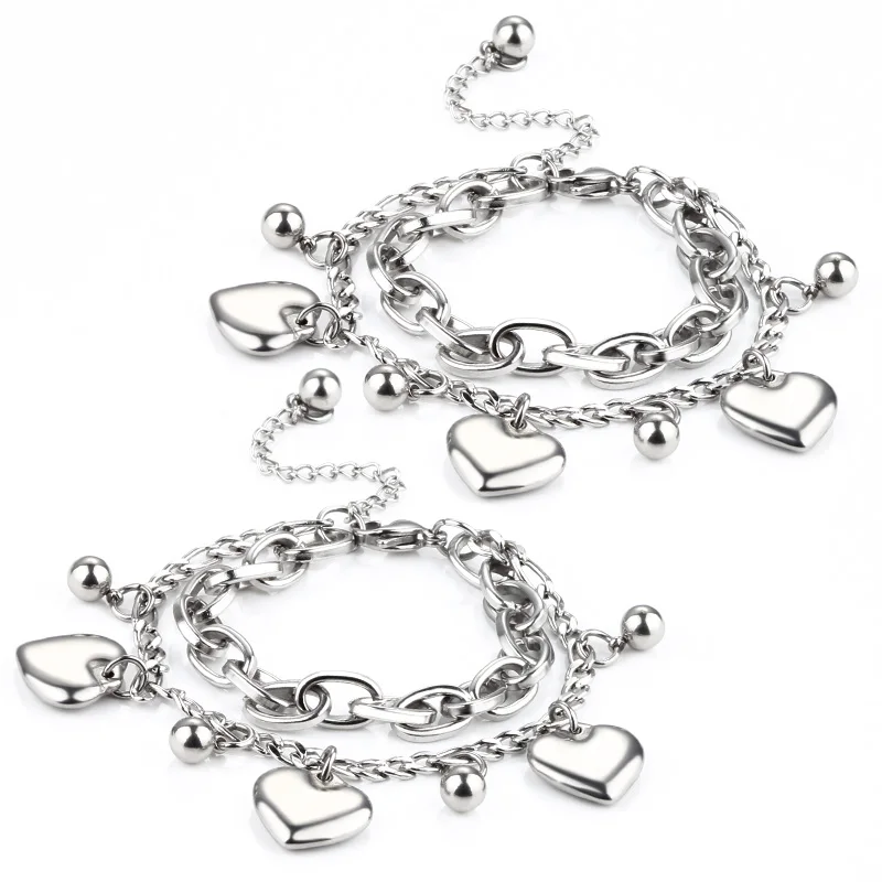 Adjustable Stainless Steel Bracelet with Heart & Beads Elements Unisex DIY Jewelry Accessory & Findings for Gift