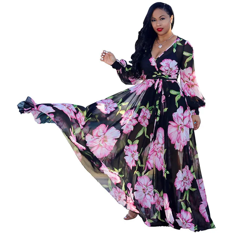 New style chiffon beach vacation sustainable casual fashion  maxi long dresses floral printed for plus size women ladies 2021