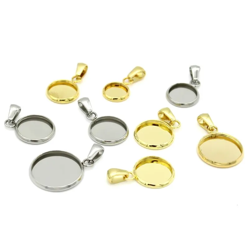 wholesale PVD Gold Stainless Steel Round Blank Bezel Pendant Connector Trays Base Cabochon Settings Trays for Jewelry Making