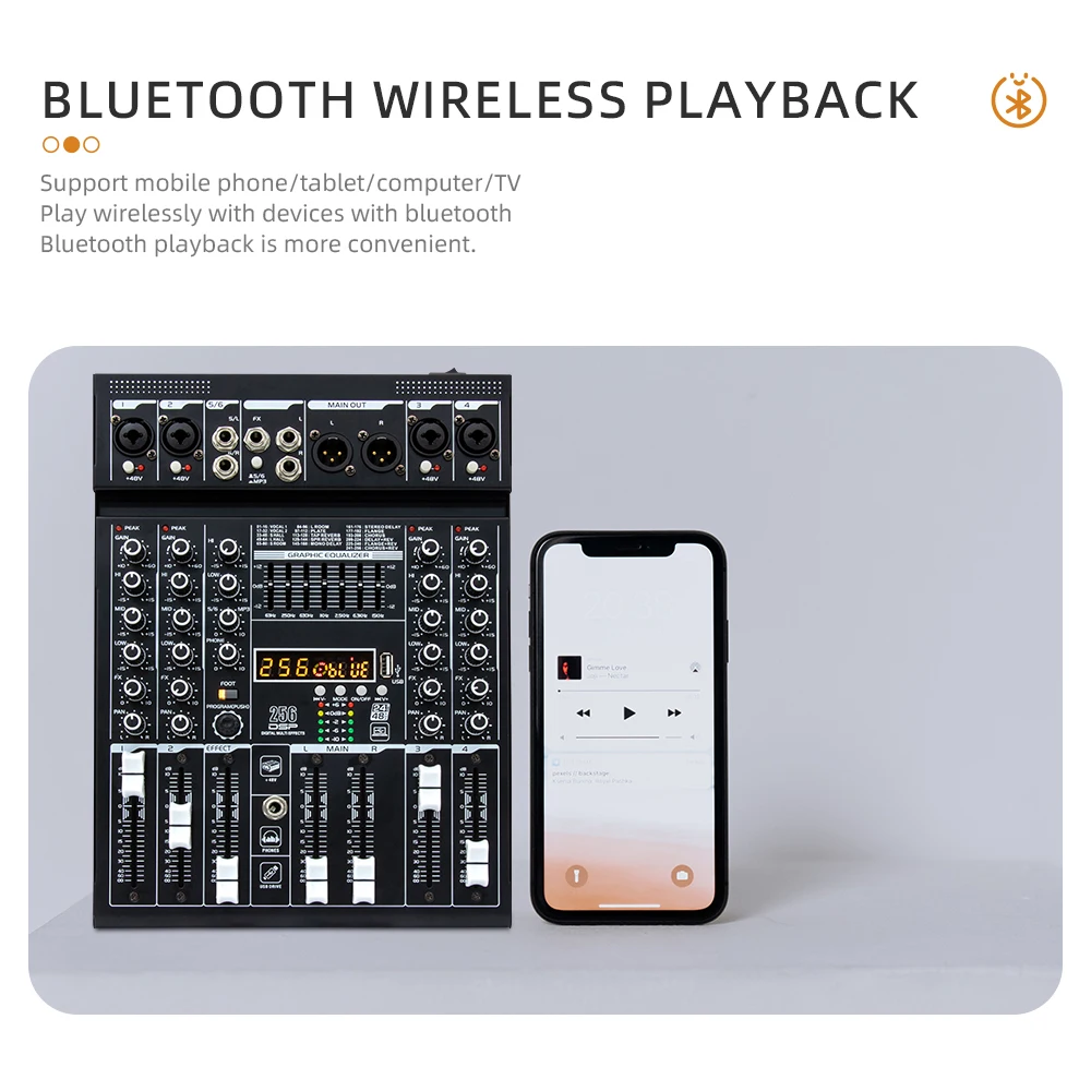 6 channel digital mixer with built-in 256 DSP USB Bluetooth reverb + 48V power live performance mixer