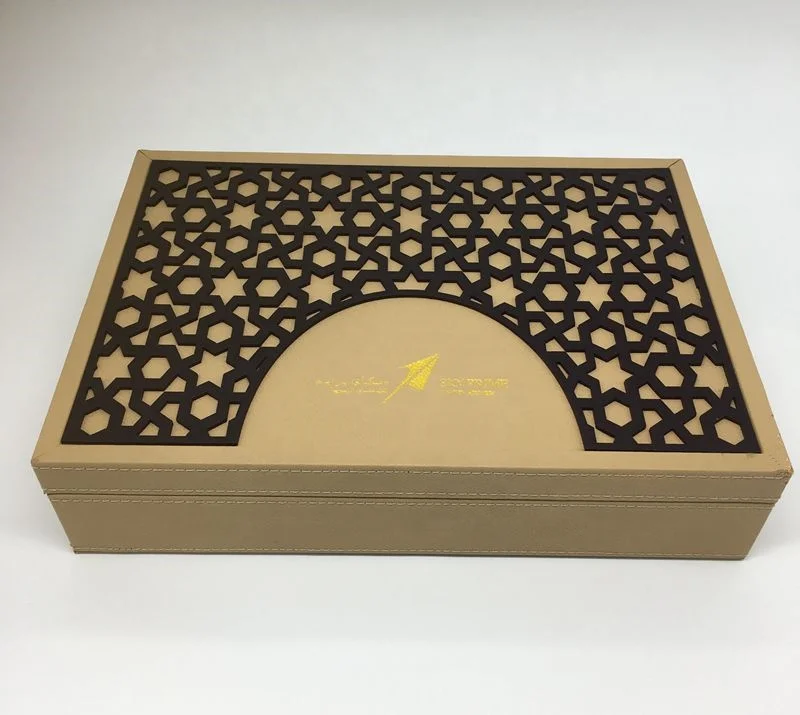 
New Style High Quality Luxury Leather Storage Box Laser Wooden Date Box for Arabic Ramadan 