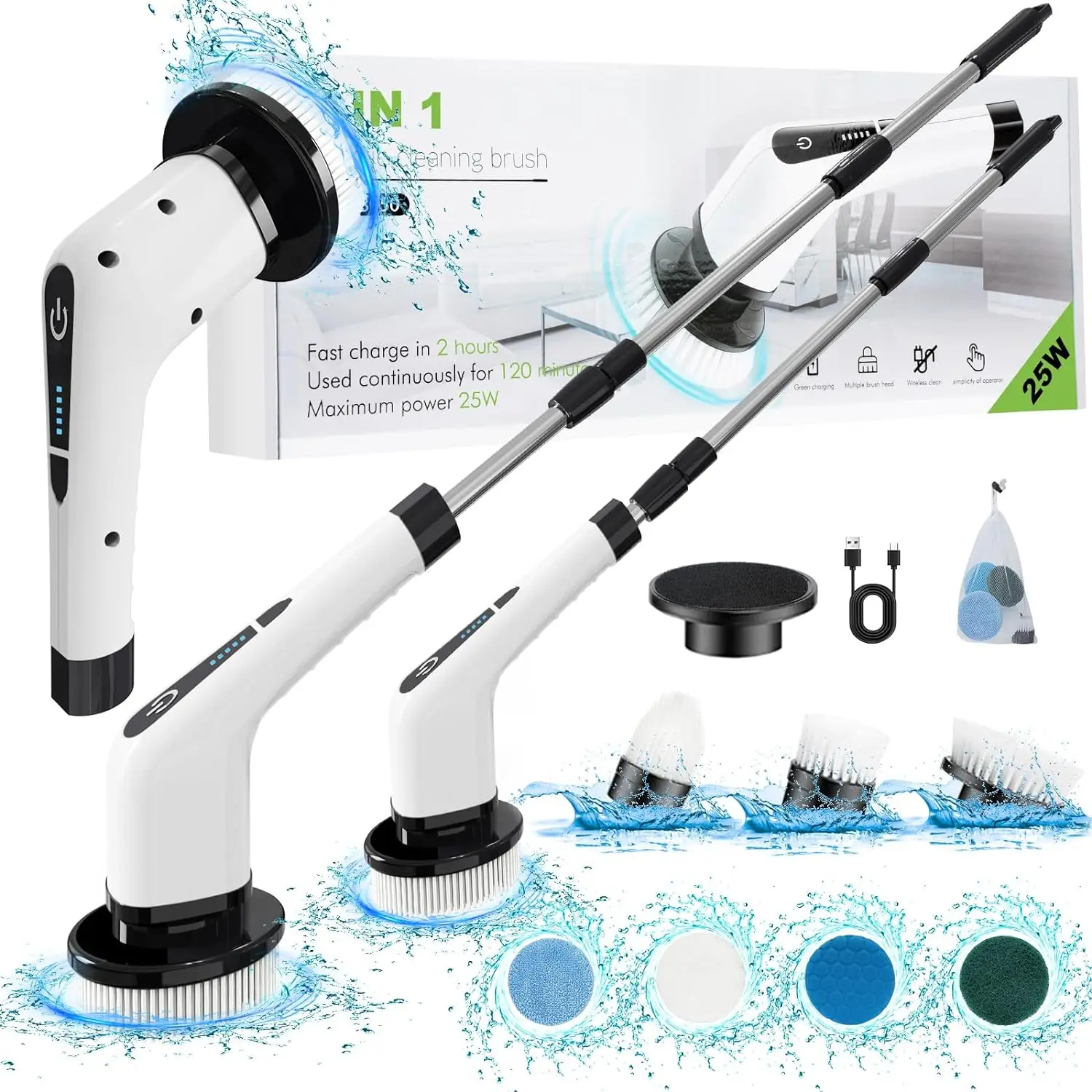 Electric Spin Scrubber Long Handle Electric Cleaning Brush With 8 Replaceable Brush Heads For Bathroom Kitchen Floor Clean