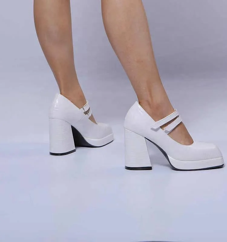 
Faux Leather Ankle Strap Platform Block Hell Pumps Shoes for Chic Ladies 