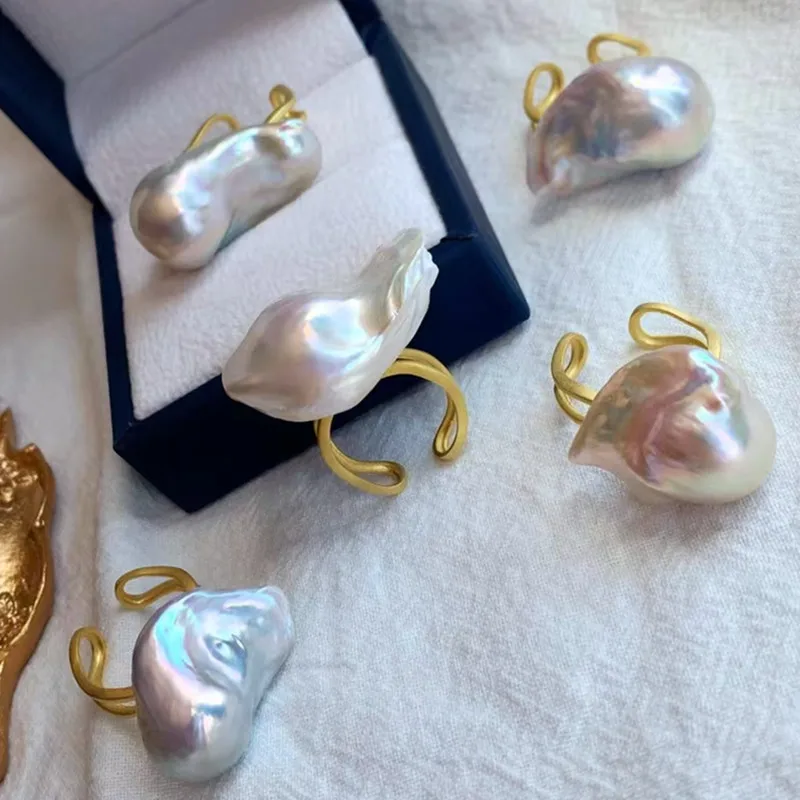 Sterling silver 15-20 mm big baroque fresh water cultured genuine pearl ring