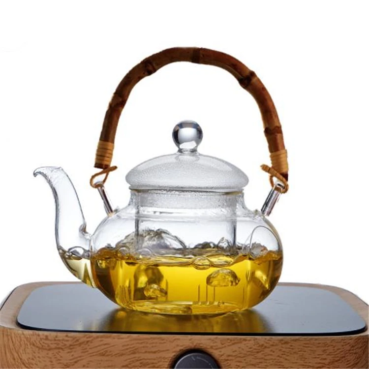 20oz 600ml Transparent Borosilicate Glass Teapot with Classic Antique Bamboo Handle Heat-Resistant Coffee Drinkware Set