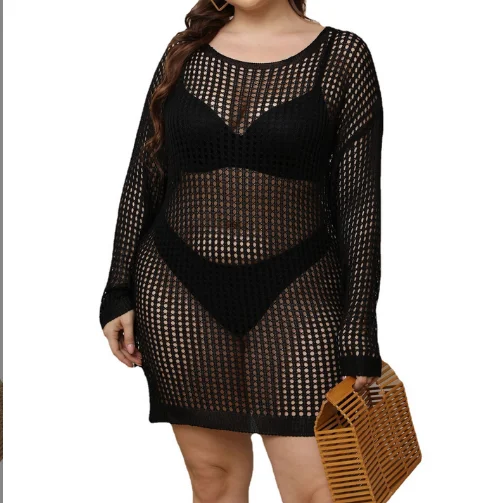 BR2263 Hollow Out Long Sleeve Knitted Beach Cover Up Women Black Swimsuit Beach Wear Split Tunic Summer Mini Beach Dress