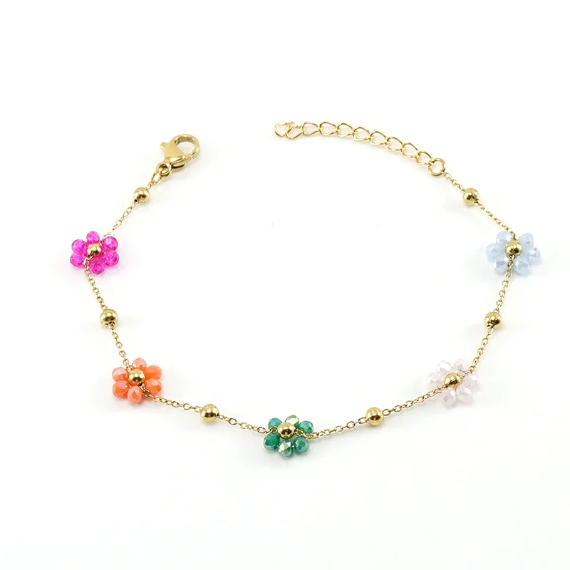 B68-002 Halo not easy to fade gold stainless steel crystal beads flower bracelet for women