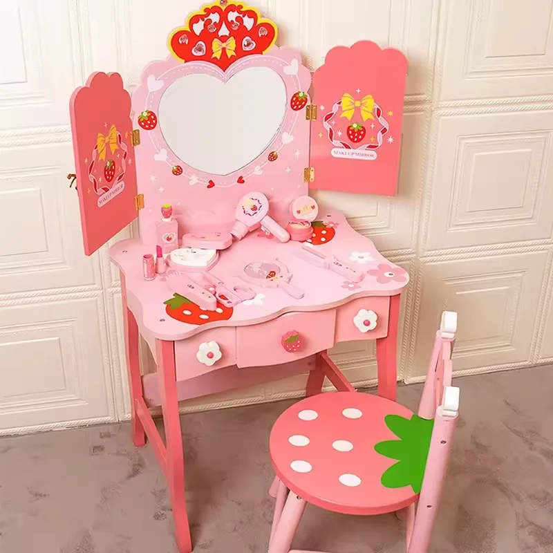 New Arrival Wooden Pink Make up Dressing Table Wooden Pretend Play Kids Make up Toy Set for Girls Kids