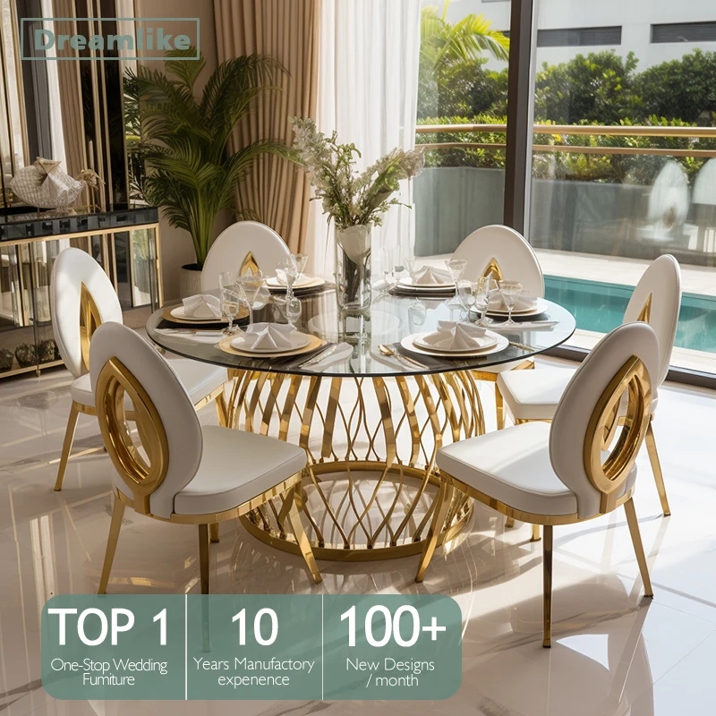Stainless Steel Rectangle Table and Chairs for Wedding Parties Dining table set Rental Mirror Glass Tables Event Furniture