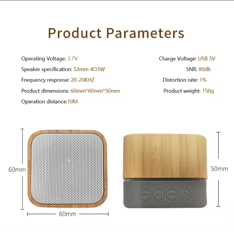 Bamboo Wood Square Mini Subwoofer Portable Wireless Speaker For outdoor