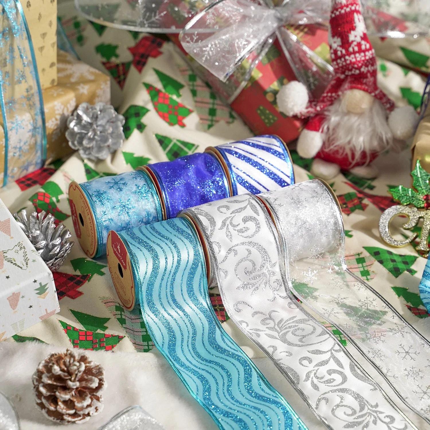 Midi Customized Luxury Glitter Ink Printed Classic Jute Burlap 2.5 Inch Wired Christmas Ribbon For Crafts