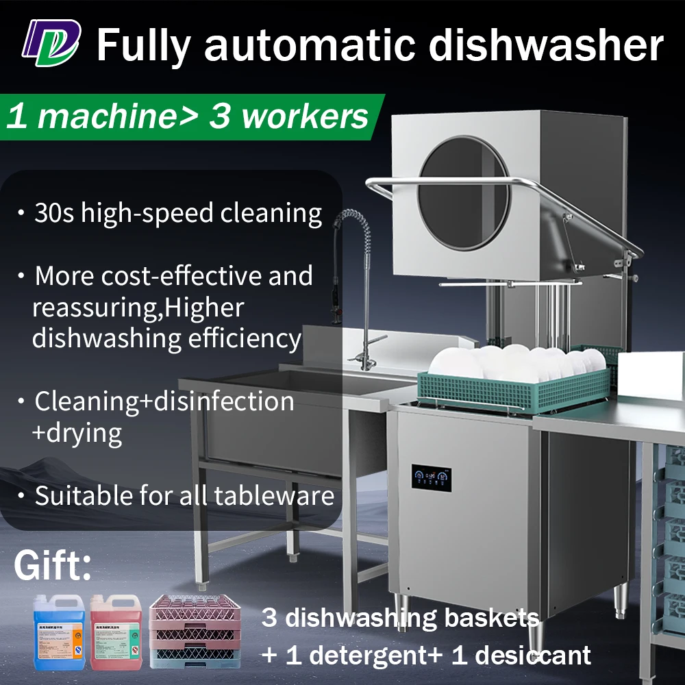 Commercial Restaurant Hotel Dishwasher Machine Smart Hood Type Freestanding Automatic Stainless Steel Housing