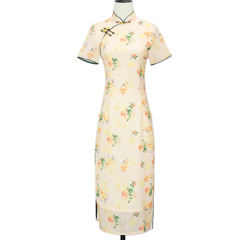 Women Cheongsam Jacquard Satin Yellow China Evening Modern Qipao Wholesale