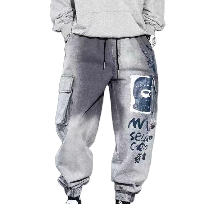 Spring and Autumn High Quality Mens Cargo Jeans with Pockets Korean Style Prints Design Straight Jogger Jeans Men