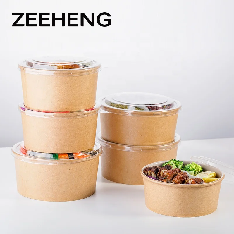 Custom Shaped Biodegradable 32oz Disposable Kraft Paper Sugarcane Bagasse Fruit Paper Salad Packaging Poke Bowl With Lid