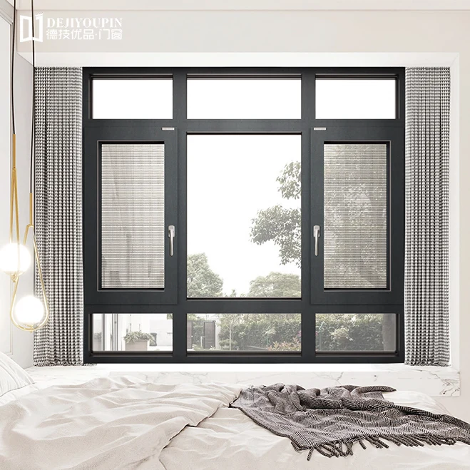 W55 Cheap house Single Pane Glass Louvers Fixed Aluminium Casement Window With Black Color Sub Frame