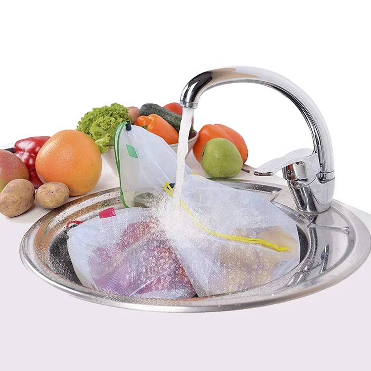 Eco friendly Machine Washable Vegetable Bags Kitchen Storage Mesh Bags