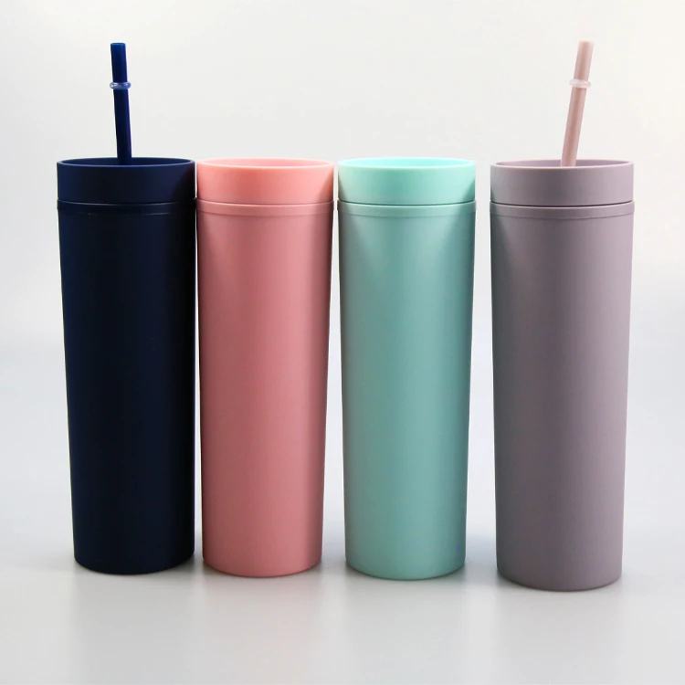 Skinny double wall Tumbler 16OZ straight Plastic Tumblers customized straw cup water skinny matte cup with straw and lid