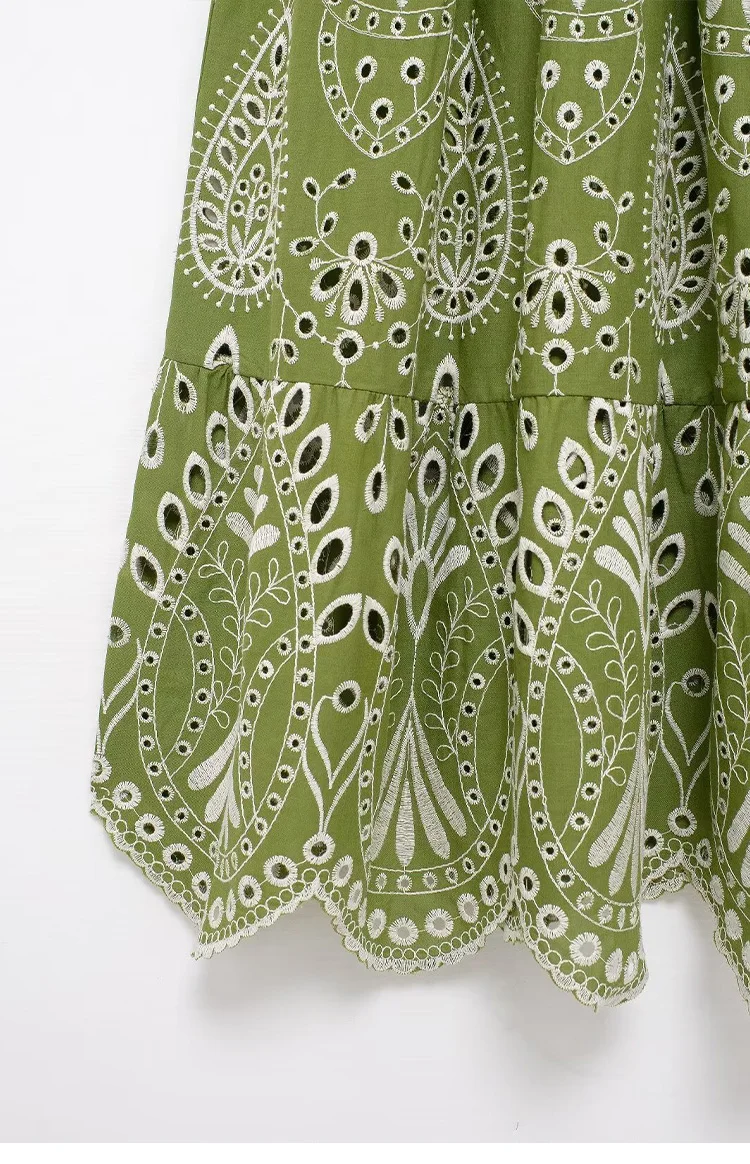 Ladies Hawaiian Vacation Style Slimming High Waisted Whitening Green Dress Hollow out Embroidered Print Summer Slip Dress