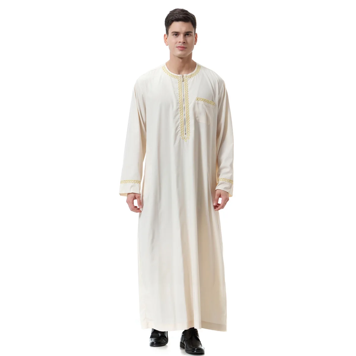 Z21L45- East Men Muslim Robes Dubai Kaftan men Islamic Clothing Arab Middle Printed Zip Round Neck Robe Prayer Eid Clothes