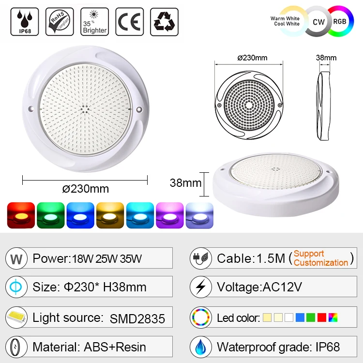 New Product 18W Swimming Pool Led Lights Ac12V Ip68 Waterproof Rgb 2 Wires Led Underwater Light