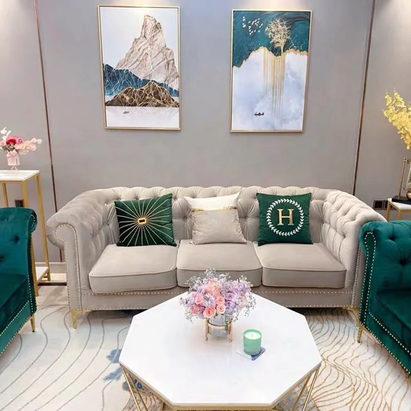 American style modern simple sofa button tufted dark green velvet sofa light luxury fabric living room sofa