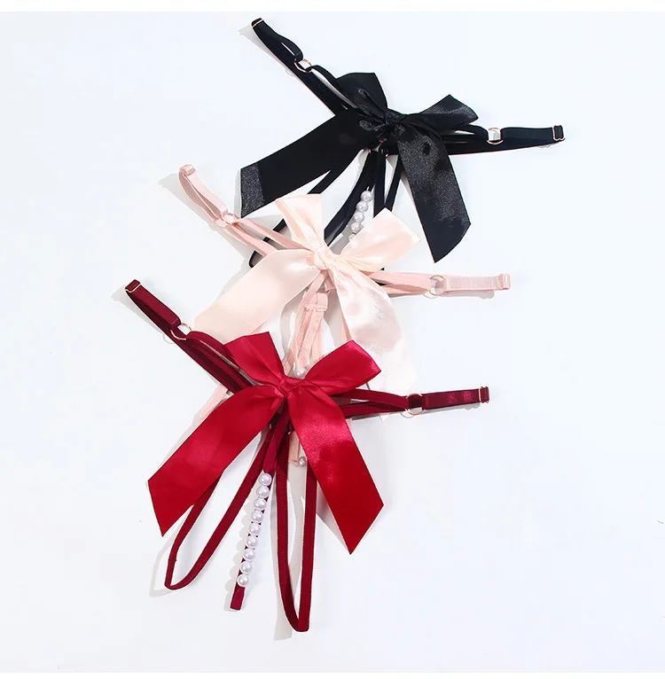 021C Ladies Low Waist Transparent Bow Pearl Panties Crotchless Thong G-string Underwear Sexy Women