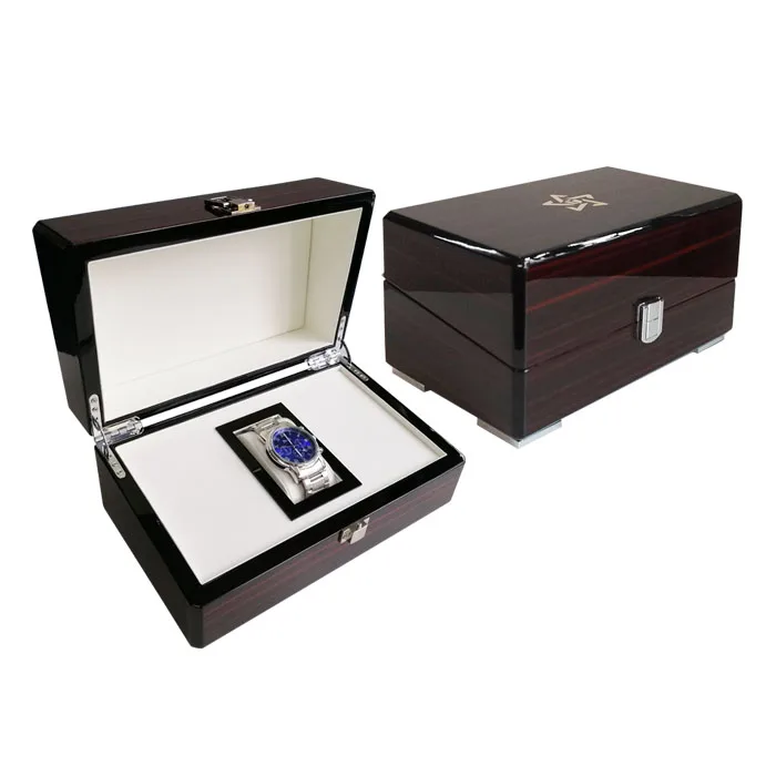 Top quality customized MDF glossy lacquer watch box wrist watch winder storage box with woodgrained paper
