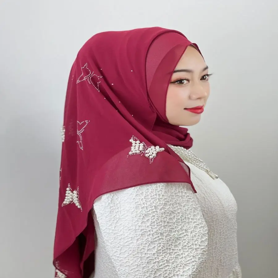 Hot seller Versatile fashion exquisite monochrome chiffon butterfly beaded pattern ladies shawl Malay Muslim hijab headscarf