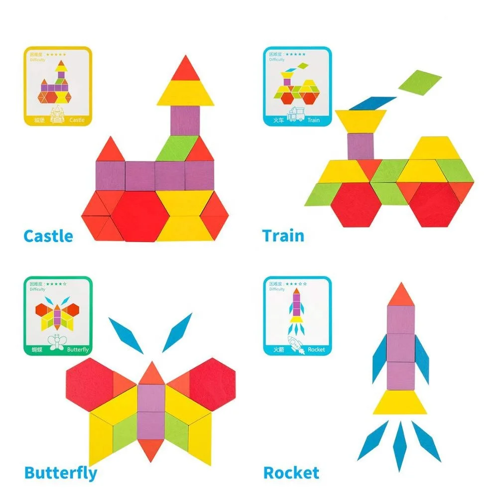 155 Pcs Wooden Pattern Blocks Set Geometric Shape Puzzle Kindergarten Classic Educational  Toys For Kids