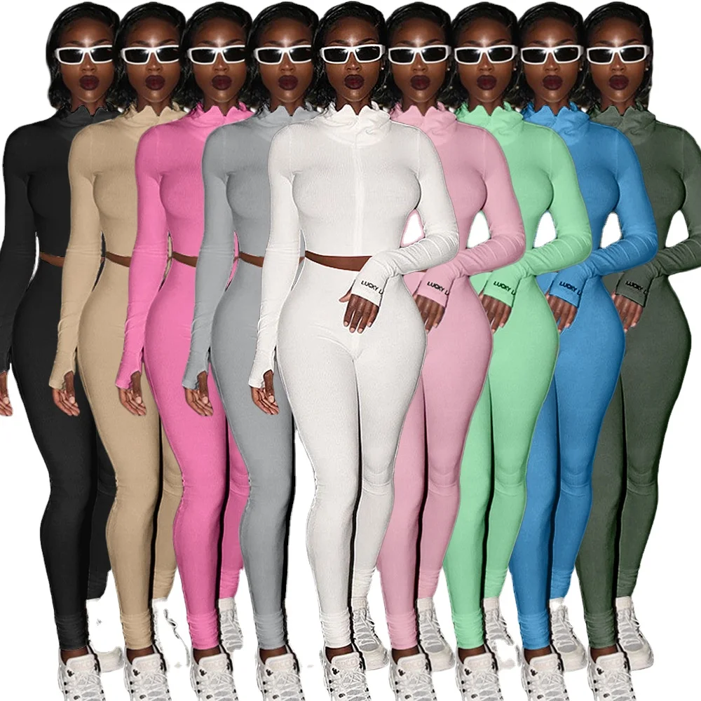 
2020 Women Fall And Winter Clothes Outfit Two Piece Sport Stand Collar Bodycon Lucky Label Clothing Women Two 2 Piece Outfit 