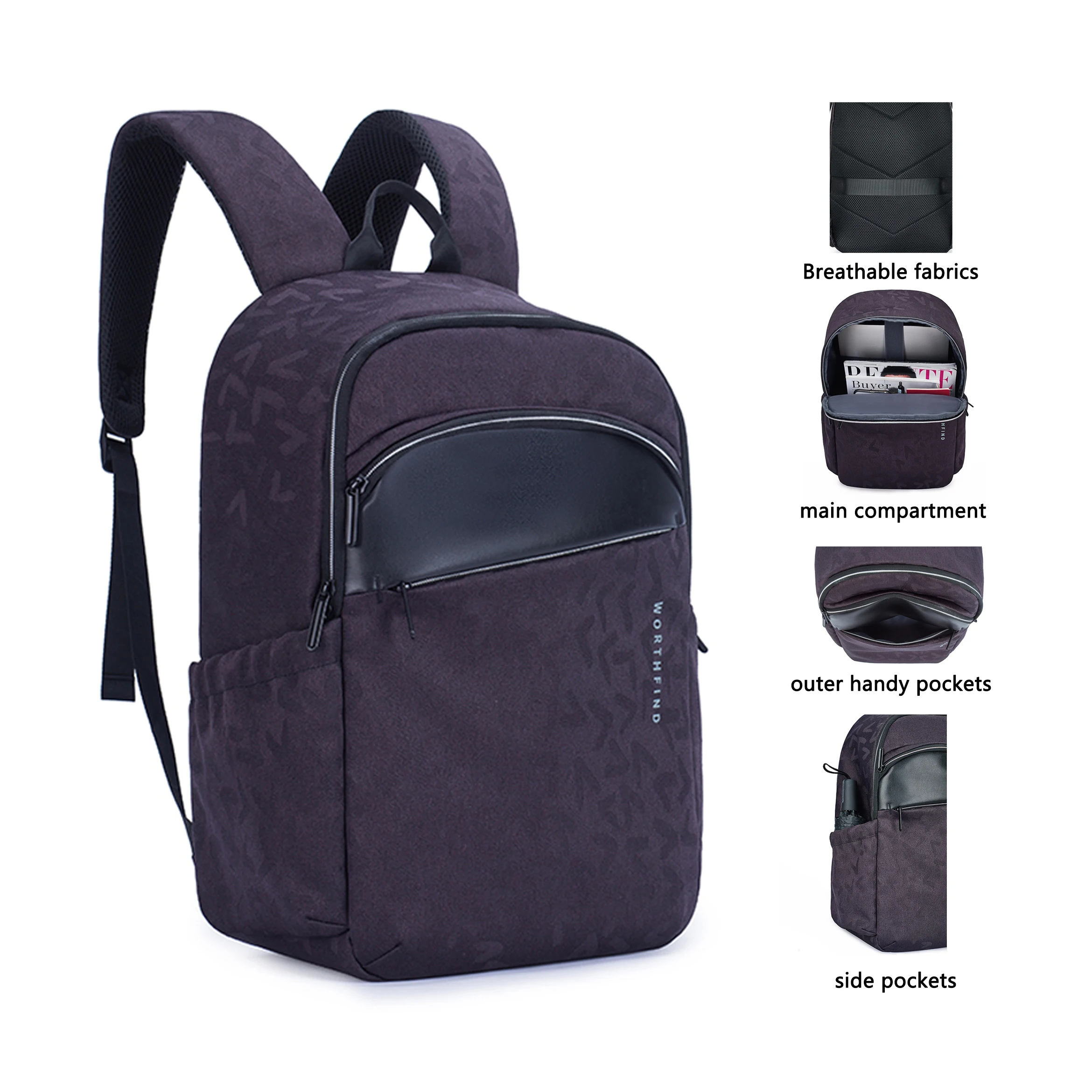 Worthfind 15.6 Inch Custom Printed Travel Business Waterproof Laptop Backpack Leather Rucksack Rpet Recycled Backpack With Logo