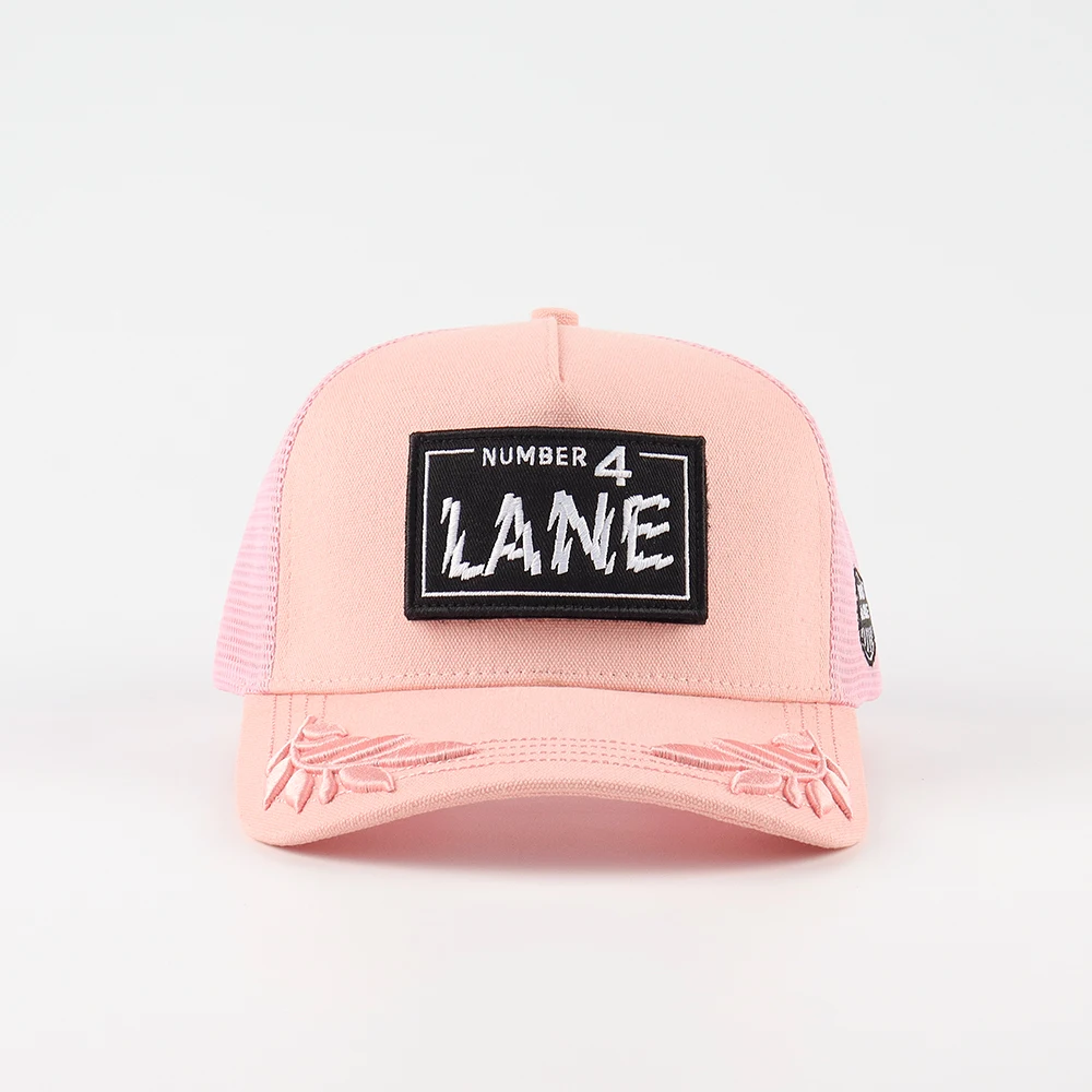 Personalized Pink Trucker Hat Wholesale Pull Patch Structured Snapback Printed Inner Tape Mesh Caps With Flat 3D Embroidery Logo