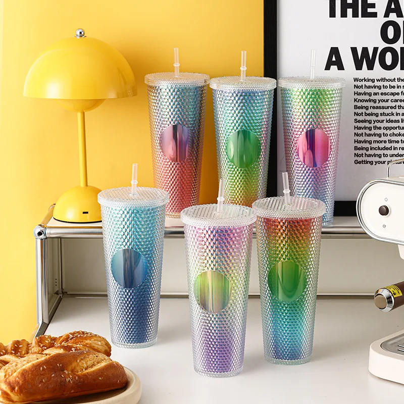 2024 Popular Reusable Drink Cup Double Wall Plastic Juice Coffee Mug 24oz Studded Tumbler With Straw
