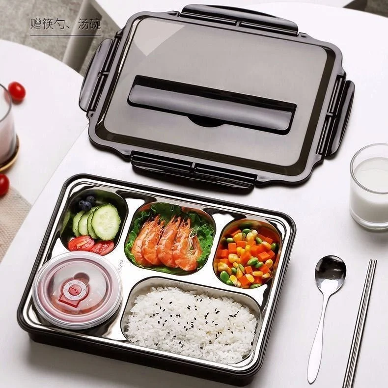 Eco-Friendly Stainless Steel 304 2 Layer Warmer Square 5 compartment with Fork And Spoon  Lunch  Bento Box