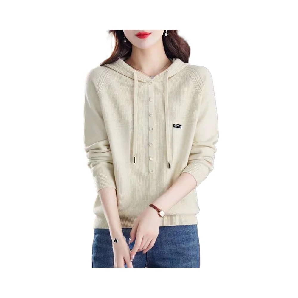 Factory wholesale knitted sweaters hooded sweaters loose with buttons solid color pullover sweaters