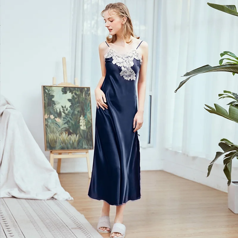 High Quality Lace trim elegant long satin Nightgown For Women