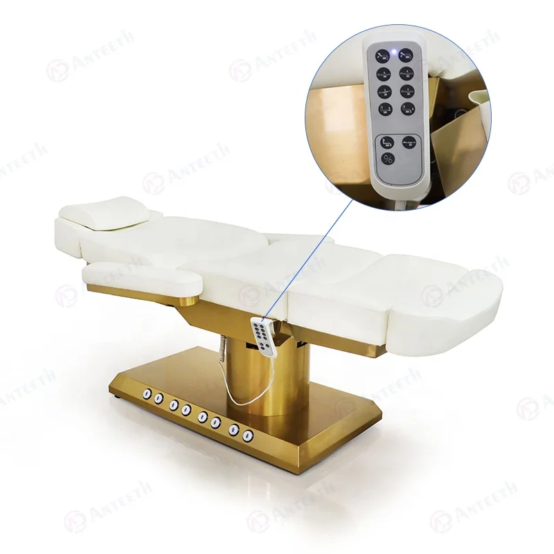 Salon Furniture 3/4 Motors Beauty Salon Chair Gold Metal Base Cosmetic Bed Built-in Foot Control Electric Facial Bed