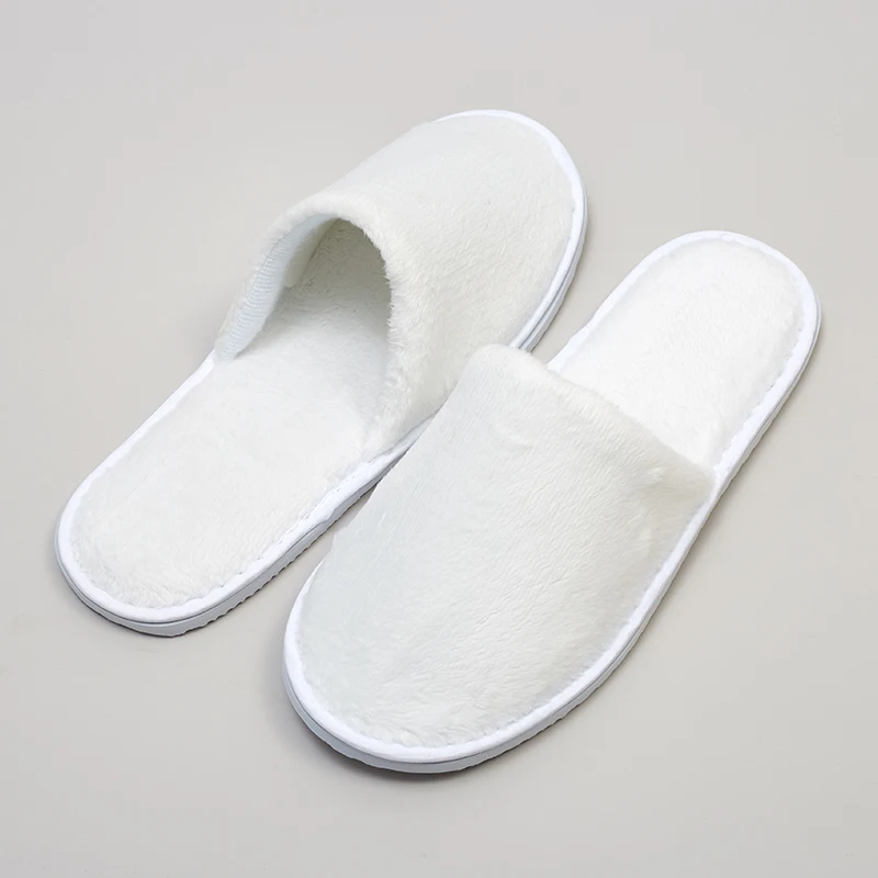 Eco-friendly hotel amenities pure white custom logo hotel bath disposable plush hotel slipper