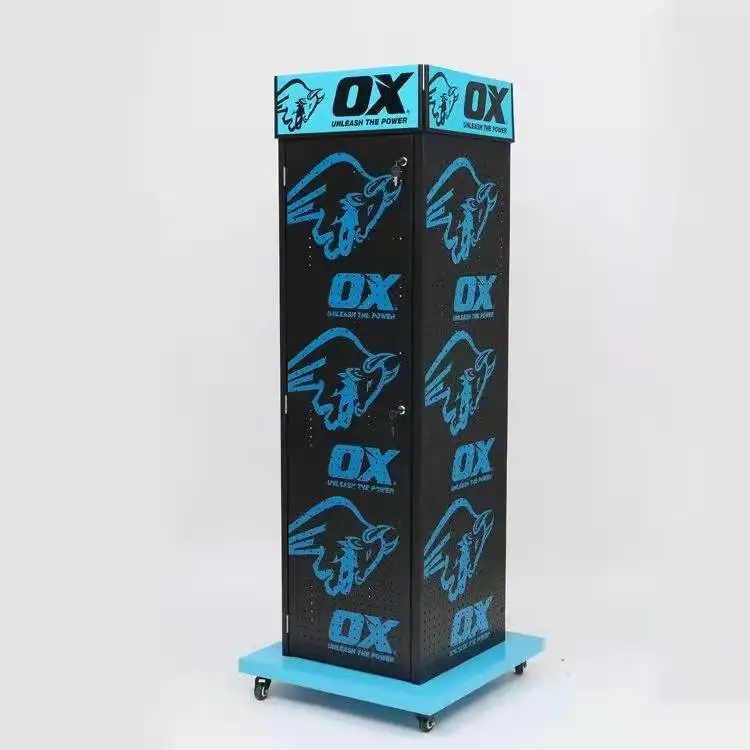 Rotatable 4-sided Four Wheels Hardware Tool Pegboard Display Rack, Free Standing Wheeled Movable Rotating Metal Display Stand