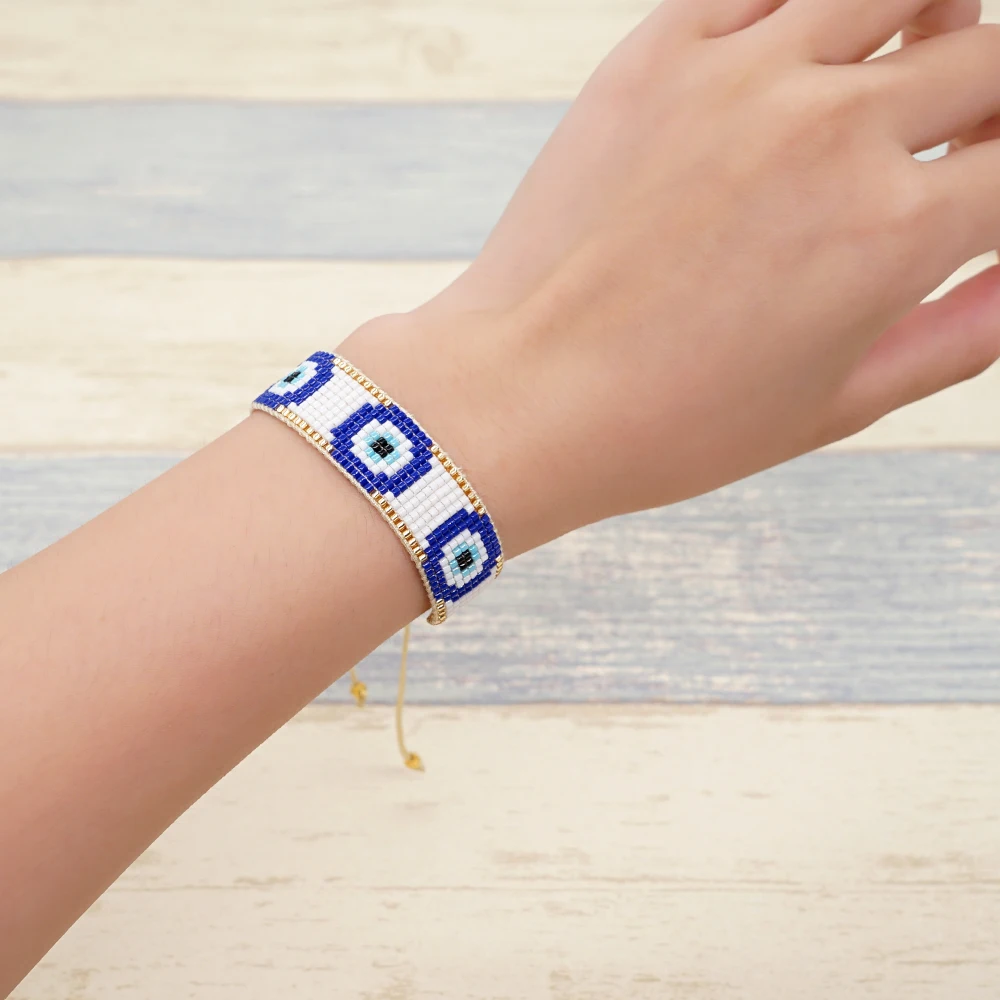 Go2BoHo Miyuki Evil Eye Beaded Bracelet BOHO Fashion Jewelry Three Eyes White / Golden Handmade Woven  Beads Bracelets