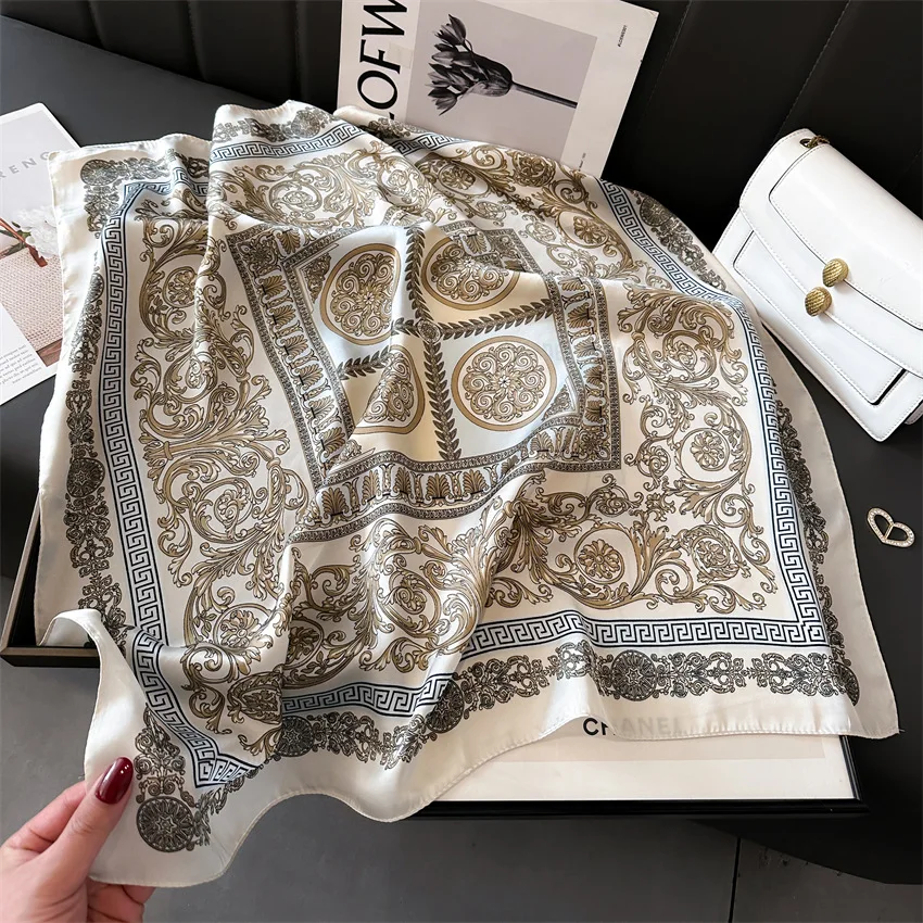 Factory OEM ODM 70x70cm Square Neck Scarf Head Hairband Kerchief Wonderful Letter Printed Imitated Silk Scarves for Women