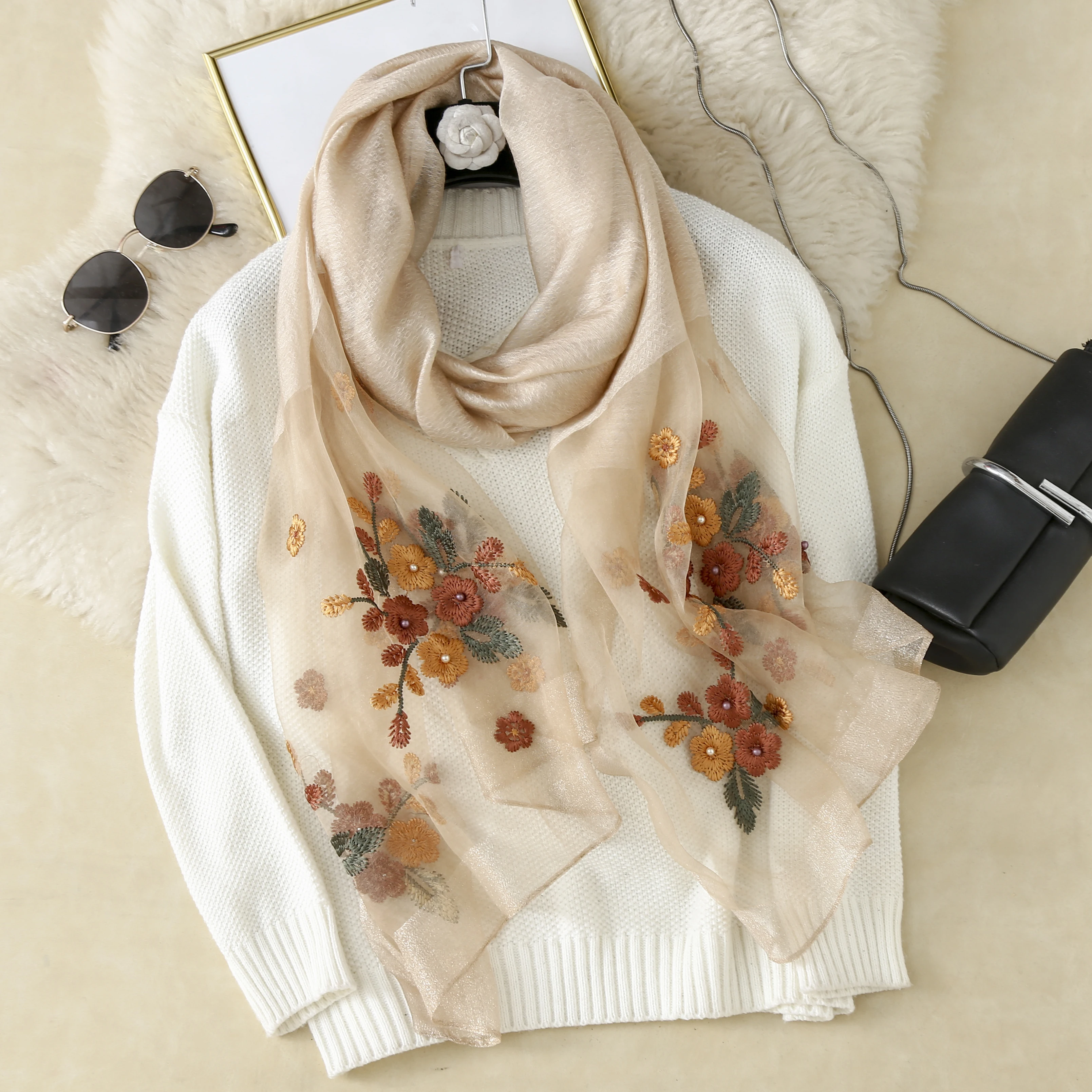 2023 new style silk wool blended silk scarves mulberry silk pashmina embroidered turban ladies scarf shawl