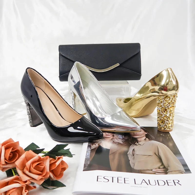 2021 new ladies chunky high heel pointy toe women dress pumps shoes for party and wedding