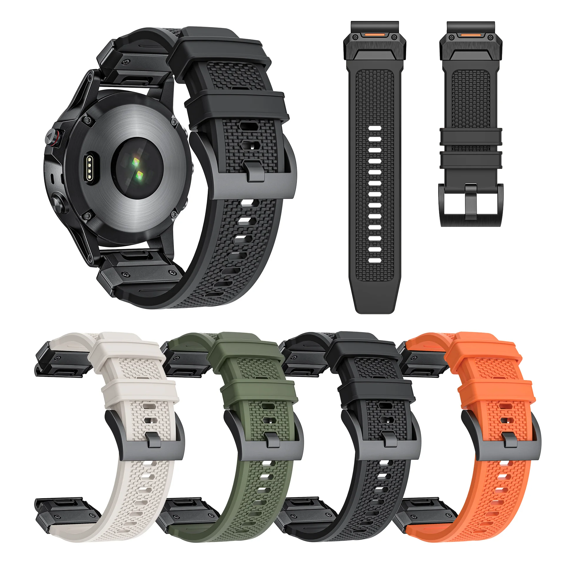 RYB Black Steel Buckle Fast Fit Rubber Watch Band for Garmin Fenix 3/Sapphire/HR - Fenix  6X/6X Pro & Sapphire/6X Pro Solar/7X